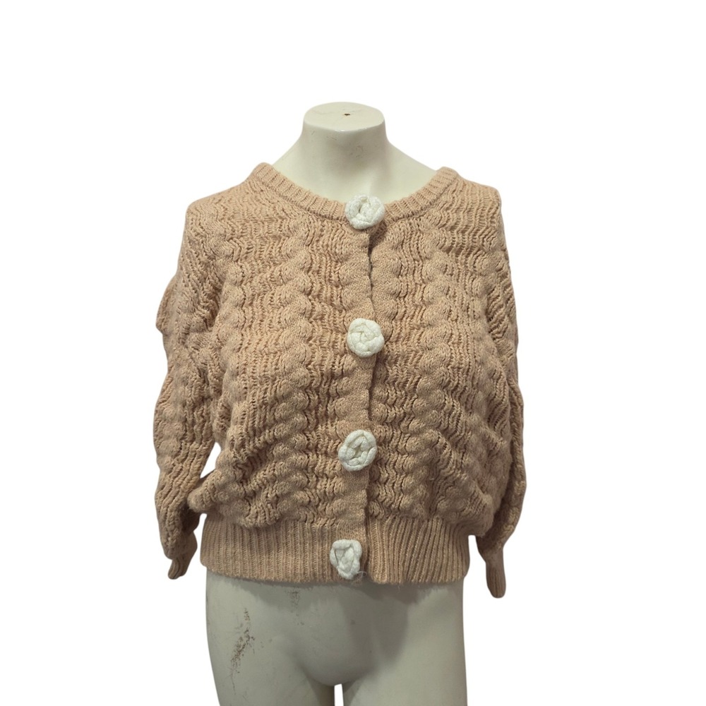 Hazel Moon Cardigan Womens 16 Tan Cable Knit 3D Flower Buttons Cottagecore Boho